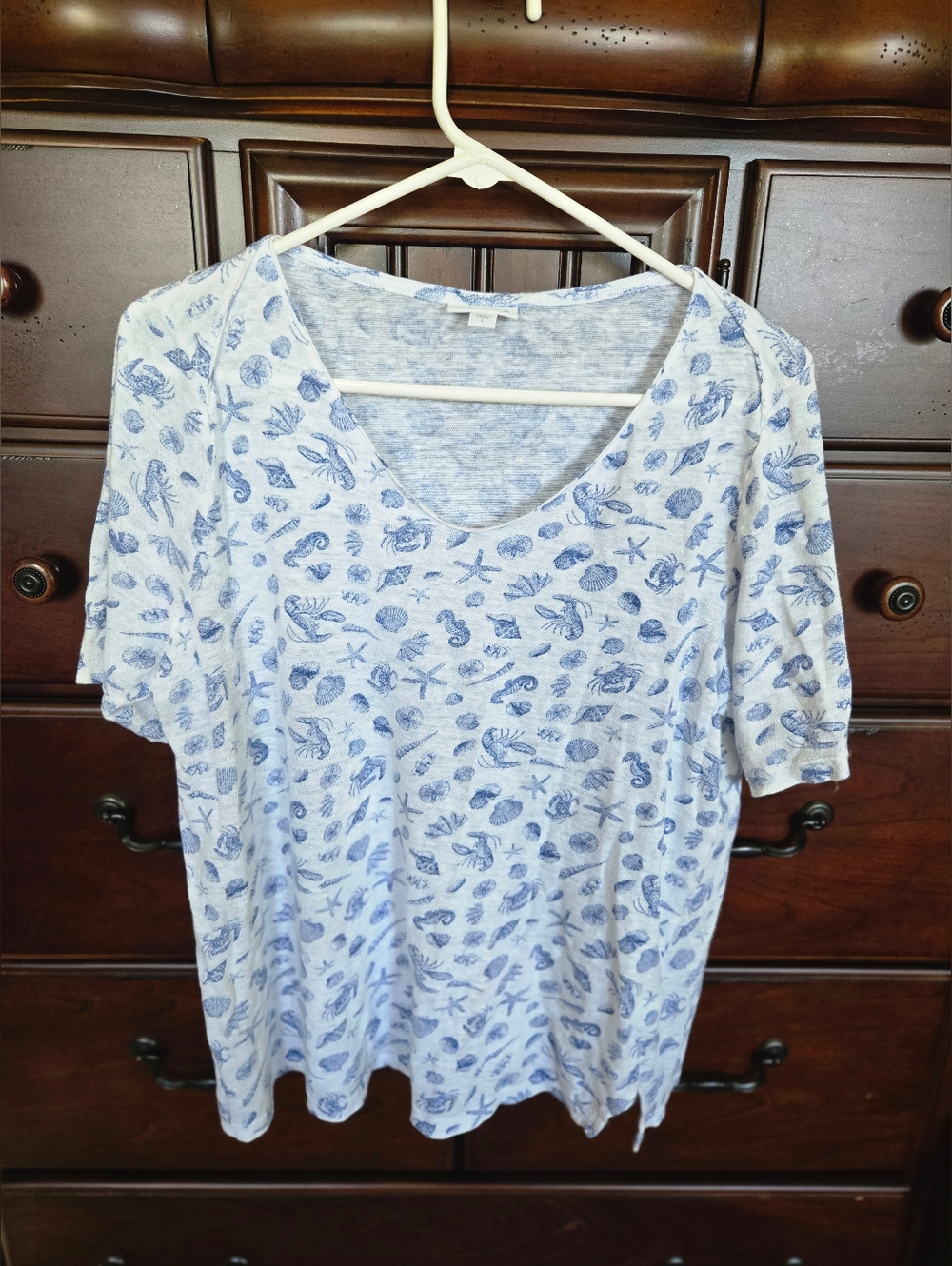 J. Jill, Women’s V-Neck Shell Print Tee - Blue, Sz. L